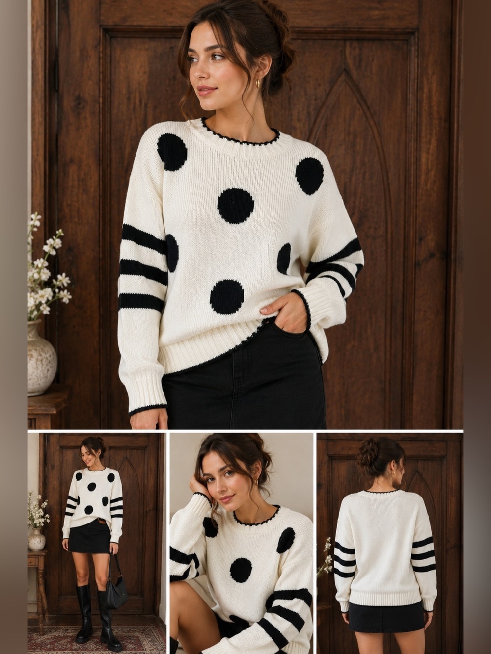 Vintage 90s Liz Claiborne Polka Dot Sweater Chunky Cotton Knit Black Cream